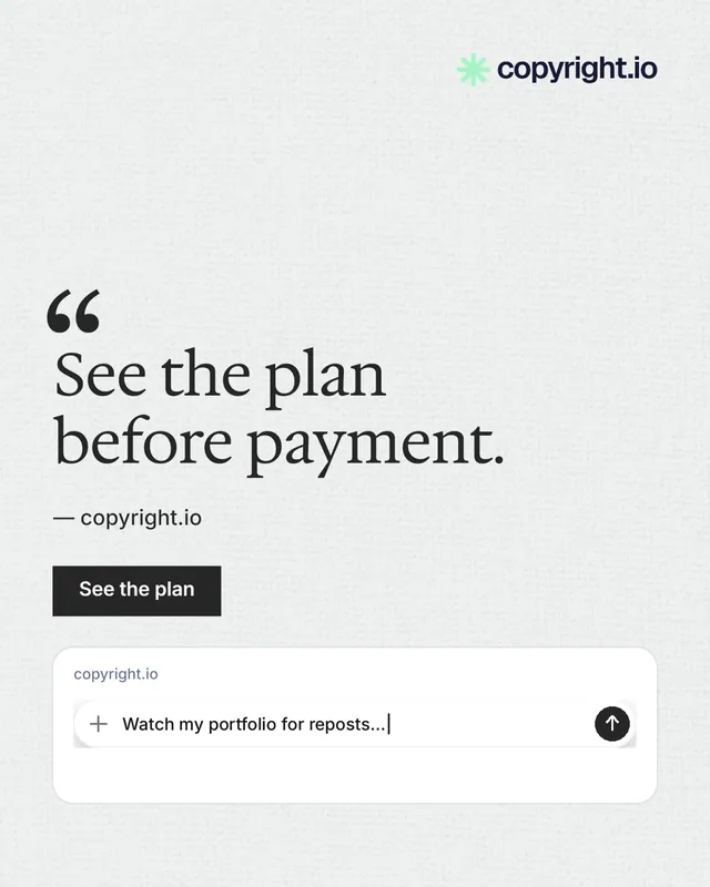 Instagram portrait post for copyright.io: "See the plan before payment." Swiss style, quote layout, light palette in white, grey.