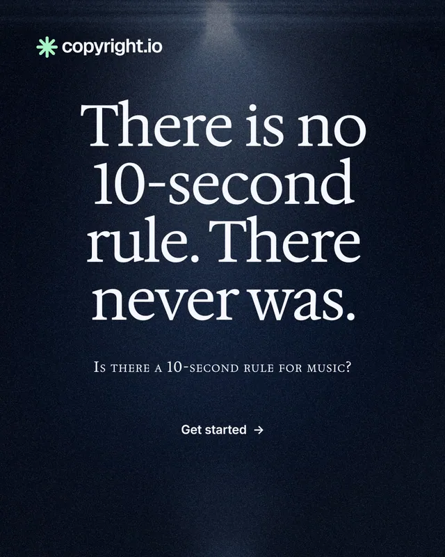 Instagram portrait post for copyright.io: "There is no 10-second rule. There never was." Dark deco style, smallcaps layout, dark palette in blue, black, grey.