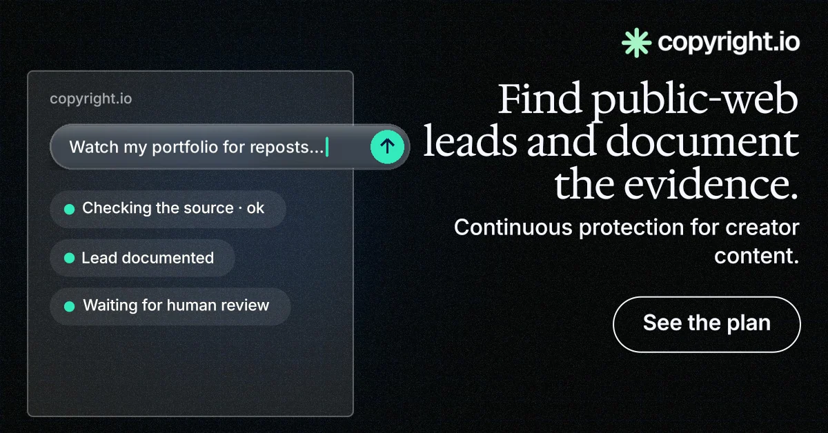 Social ad for copyright.io: "Find public-web leads and document the evidence." Phosphor atlas style, right layout, dark palette in black, grey.
