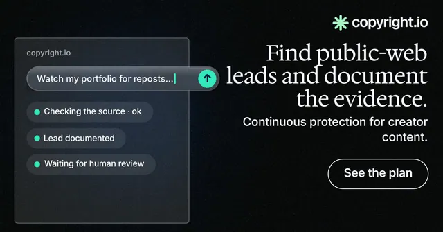 Social ad for copyright.io: "Find public-web leads and document the evidence." Phosphor atlas style, right layout, dark palette in black, grey.