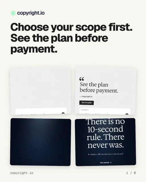 Carousel for copyright.io: "Choose your scope first. See the plan before payment.". Collection carousel, 8 slides, light palette.