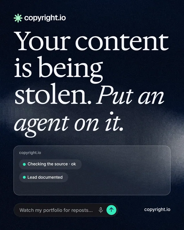Instagram portrait post for copyright.io: "Your content is being stolen. Put an agent on it." Thermal style, poster layout, dark palette in blue, black, grey.