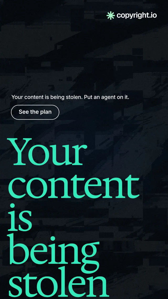 Instagram story for copyright.io: "Your content is being stolen." Phosphor atlas style, oversized layout, dark palette in black, teal.