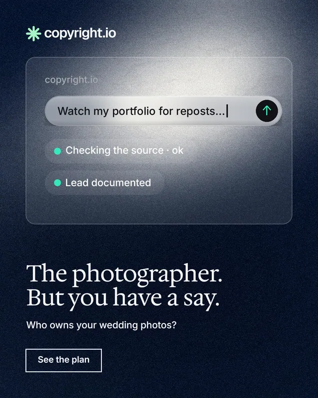 Instagram portrait post for copyright.io: "The photographer. But you have a say." Cyanotype style, bottom layout, dark palette in black, grey, blue.