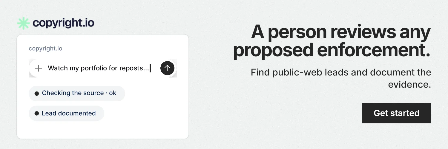 X header for copyright.io: "A person reviews any proposed enforcement." Swiss style, right layout, light palette in white, grey.