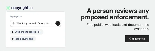 X header for copyright.io: "A person reviews any proposed enforcement." Swiss style, right layout, light palette in white, grey.