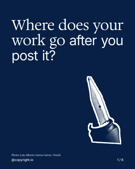 Carousel for copyright.io: "Where does your work go after you post it?". Cutout essay, 6 slides, dark palette.