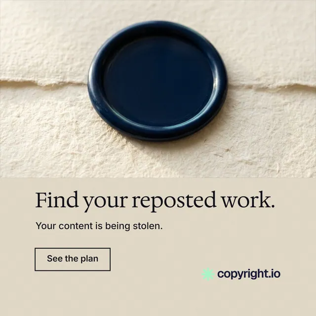 Instagram post for copyright.io: "Find your reposted work." Editorial style, bottom layout, light palette in orange, yellow, black.