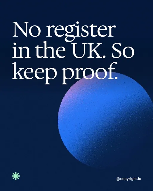 Video for copyright.io: "No register in the UK. So keep proof.". Shader loop, 6.0 s, dark palette.