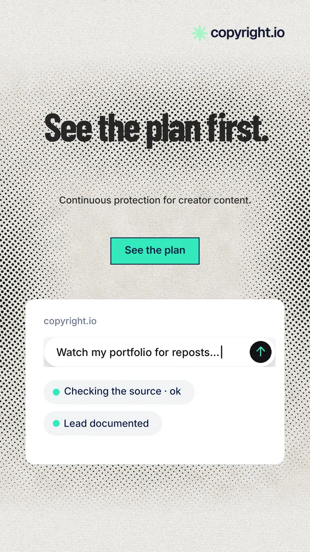 Instagram story for copyright.io: "See the plan first." Ink sticker style, centred layout, light palette in white, grey.