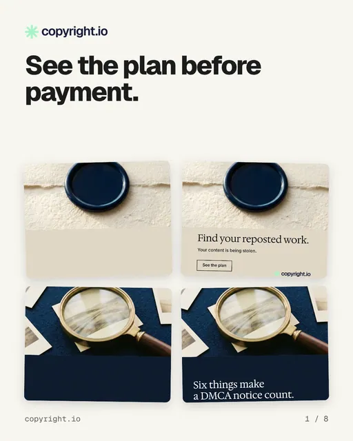Carousel for copyright.io: "See the plan before payment.". Collection carousel, 8 slides, light palette.