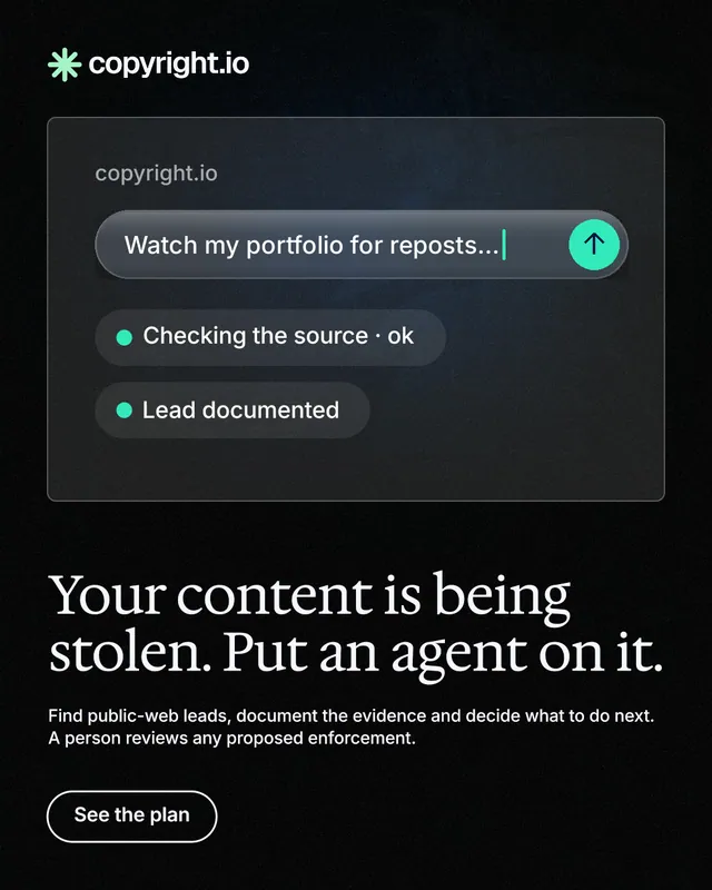 Instagram portrait post for copyright.io: "Your content is being stolen. Put an agent on it." Phosphor atlas style, bottom layout, dark palette in black, grey.