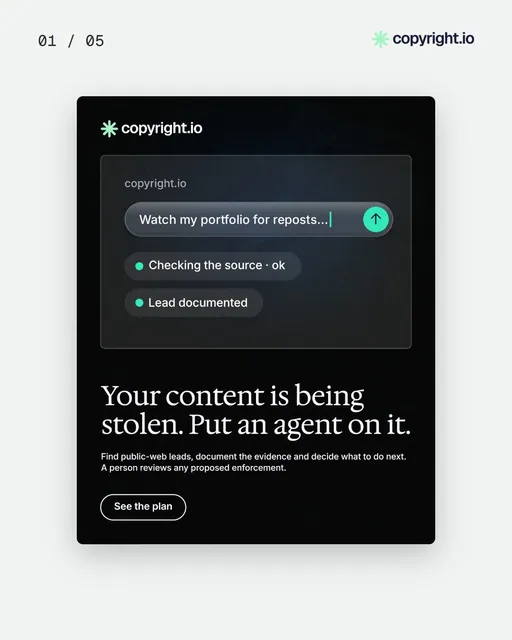 Video for copyright.io. Ad flipbook, 7.5 s, light palette.