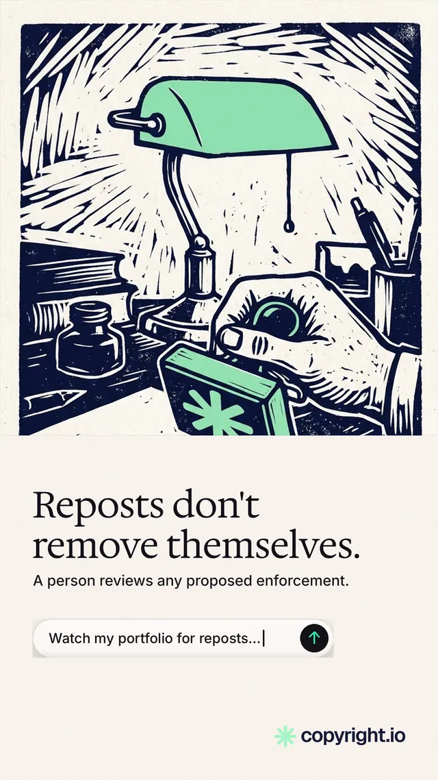 Instagram story for copyright.io: "Reposts don't remove themselves." Agentic glass style, bottom layout, light palette in white, grey.
