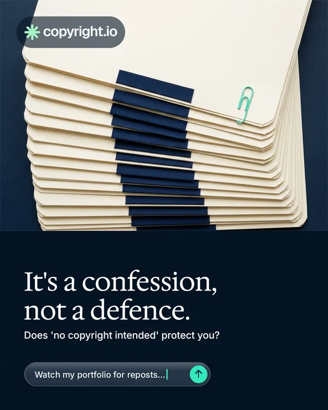 Instagram portrait post for copyright.io: "It's a confession, not a defence." Agentic glass style, bottom layout, dark palette in yellow, black, blue.