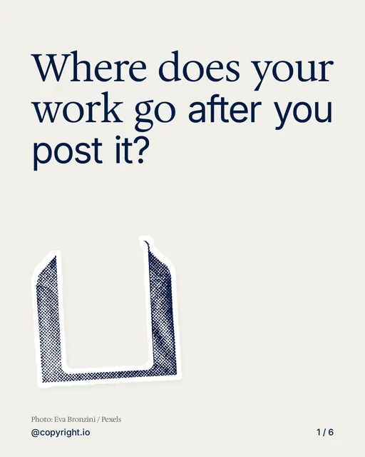 Carousel for copyright.io: "Where does your work go after you post it?". Cutout essay, 6 slides, light palette.