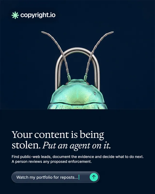 Instagram portrait post for copyright.io: "Your content is being stolen. Put an agent on it." Agentic glass style, bottom layout, dark palette in black, blue.