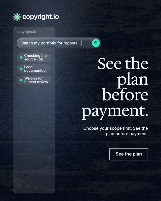 Instagram portrait post for copyright.io: "See the plan before payment." Dark deco style, right layout, dark palette in black, blue, grey.