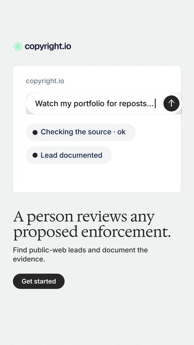 Instagram story for copyright.io: "A person reviews any proposed enforcement." Data card style, bottom layout, light palette in white.