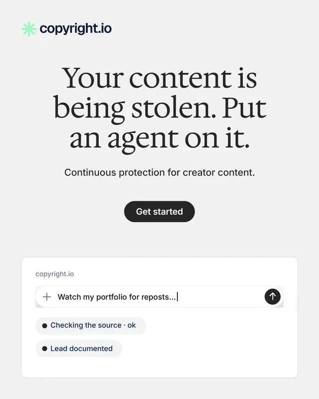 Instagram portrait post for copyright.io: "Your content is being stolen. Put an agent on it." Data card style, centred layout, light palette in white.
