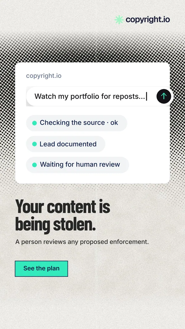 Instagram story for copyright.io: "Your content is being stolen." Ink sticker style, bottom layout, light palette in white, grey.