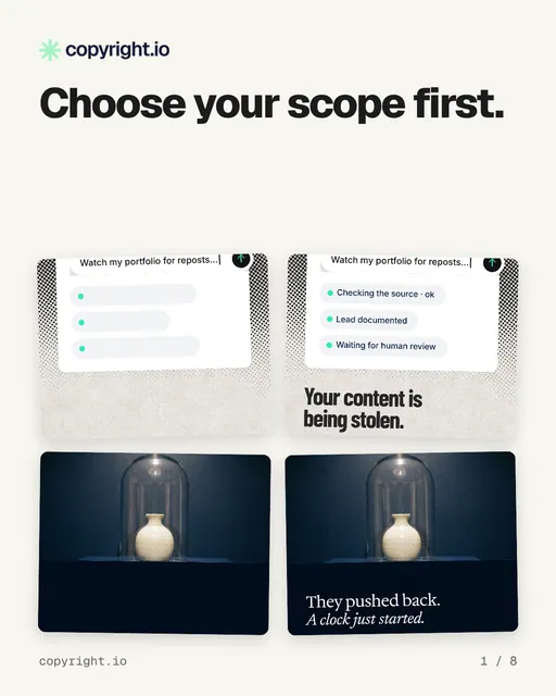 Carousel for copyright.io: "Choose your scope first.". Collection carousel, 8 slides, light palette.