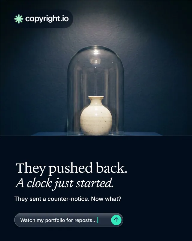 Instagram portrait post for copyright.io: "They pushed back. A clock just started." Agentic glass style, bottom layout, dark palette in blue, black, grey.