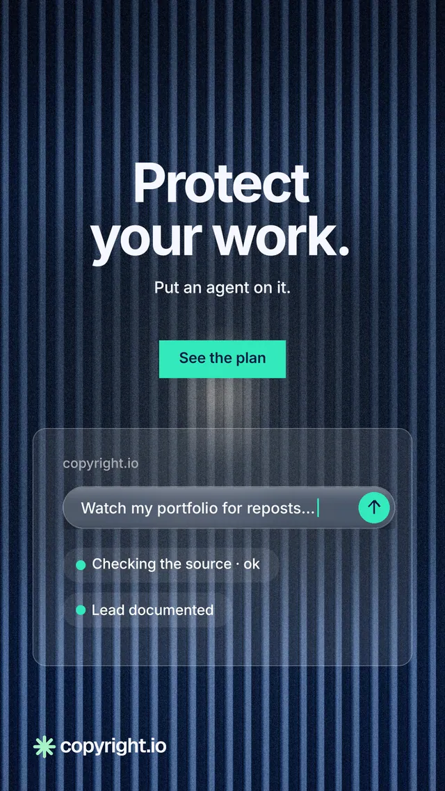 Instagram story for copyright.io: "Protect your work." Swiss style, centred layout, dark palette in blue, black, grey.