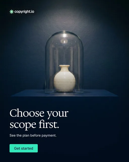Video for copyright.io: "Choose your scope first.". Doc motion loop, 6.0 s, dark palette.