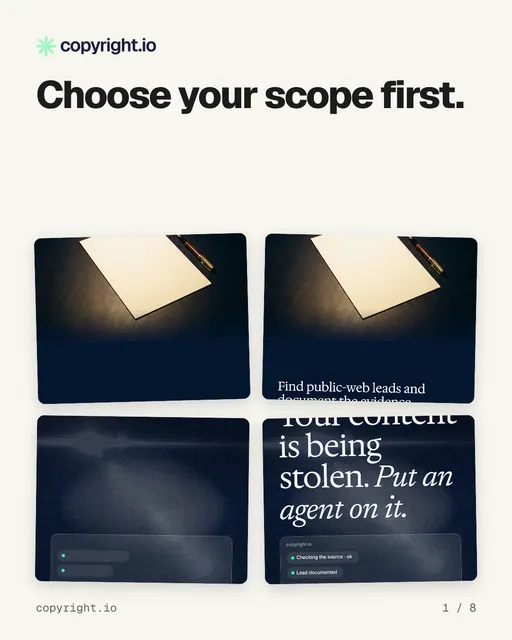Carousel for copyright.io: "Choose your scope first.". Collection carousel, 8 slides, light palette.