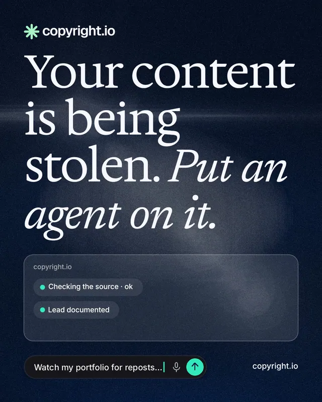 Instagram portrait post for copyright.io: "Your content is being stolen. Put an agent on it." Thermal style, poster layout, dark palette in blue, black, grey.