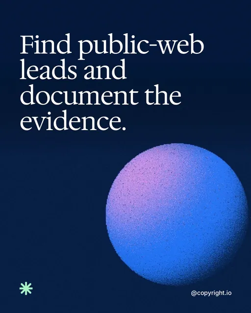 Video for copyright.io: "Find public-web leads and document the evidence.". Shader loop, 6.0 s, dark palette.