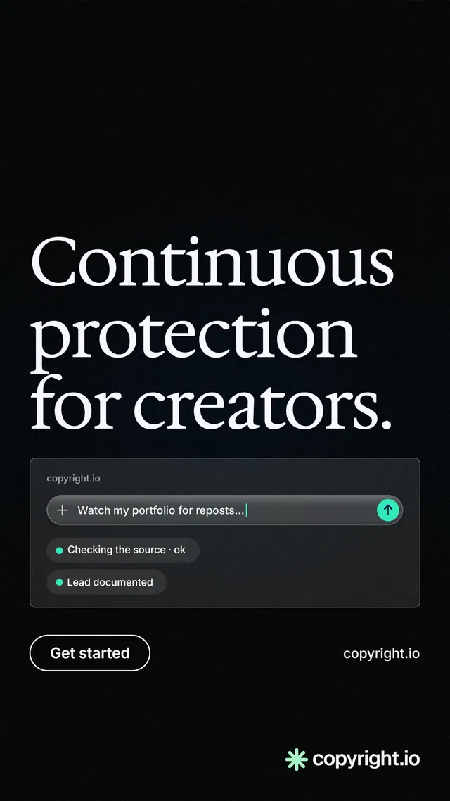 Instagram story for copyright.io: "Continuous protection for creators." Phosphor atlas style, poster layout, dark palette in black, grey.