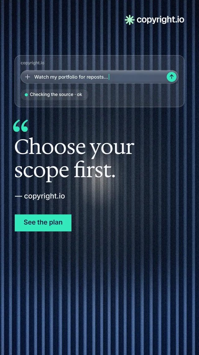 Instagram story for copyright.io: "Choose your scope first." Swiss style, quote layout, dark palette in blue, black.
