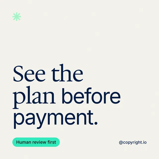 Instagram post for copyright.io: "See the plan before payment." Caption style, technique:mixed type lockup layout, light palette in white, grey.