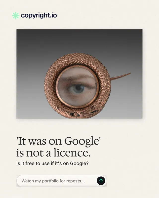 Instagram portrait post for copyright.io: "'It was on Google' is not a licence." Agentic glass style, bottom layout, light palette in white, grey.