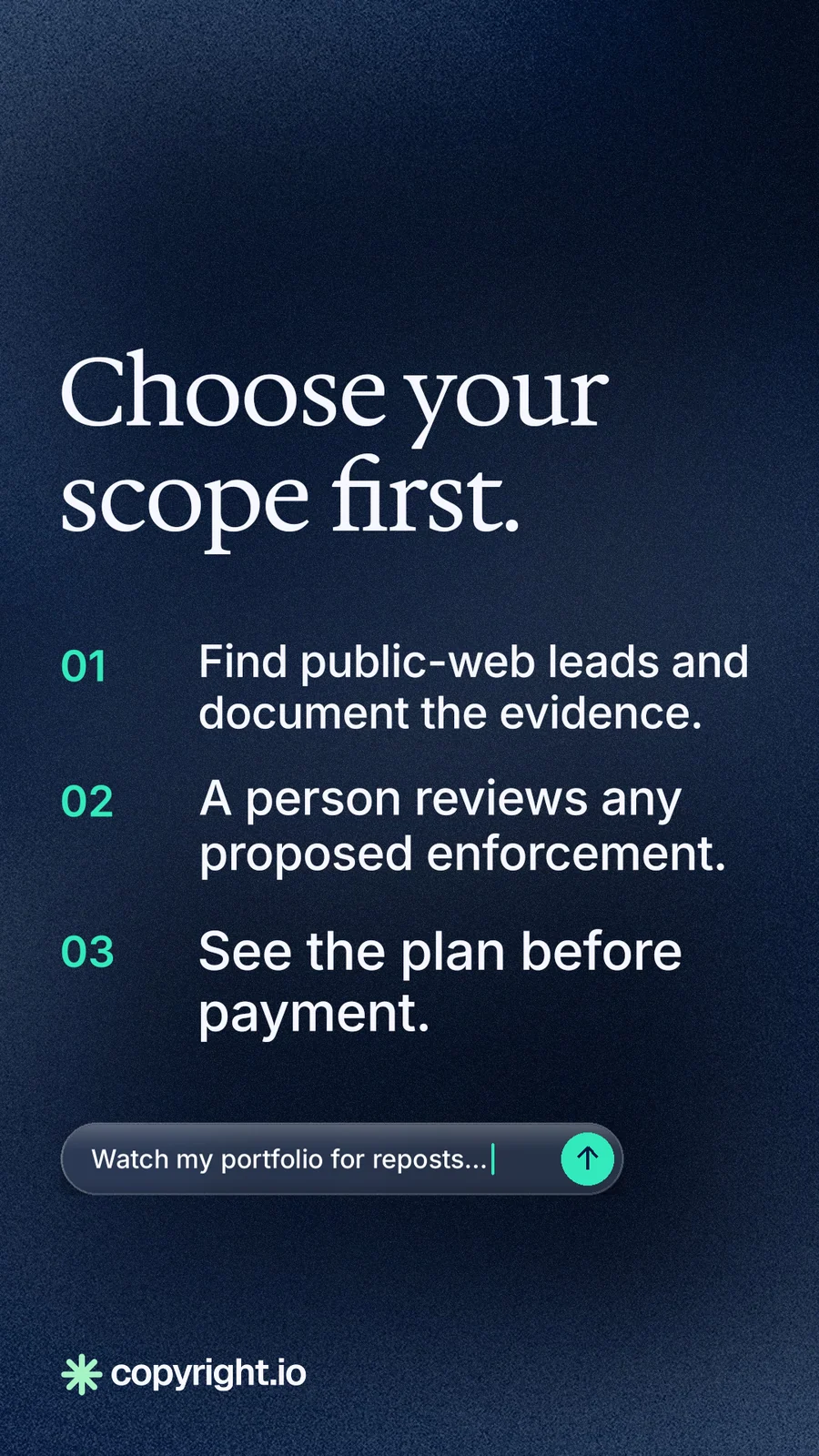 Instagram story for copyright.io: "Choose your scope first." Agentic glass style, numbered layout, dark palette in blue, black.