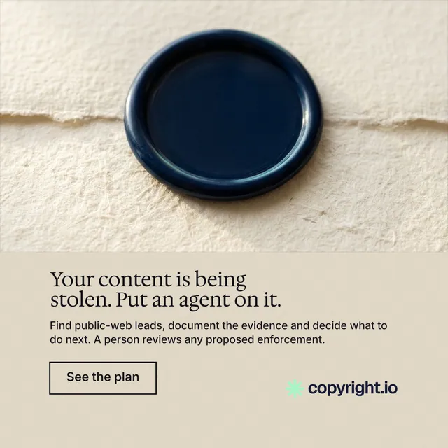 Instagram post for copyright.io: "Your content is being stolen. Put an agent on it." Editorial style, bottom layout, light palette in orange, yellow, grey.