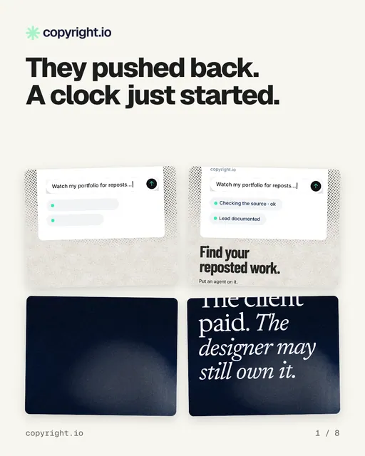 Carousel for copyright.io: "They pushed back. A clock just started.". Collection carousel, 8 slides, light palette.