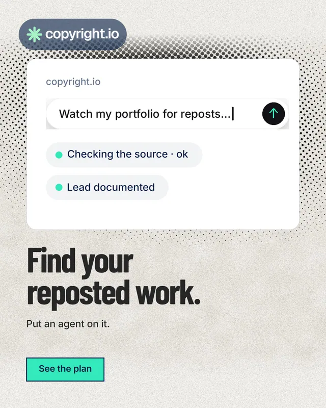 Instagram portrait post for copyright.io: "Find your reposted work." Ink sticker style, bottom layout, light palette in white, grey.