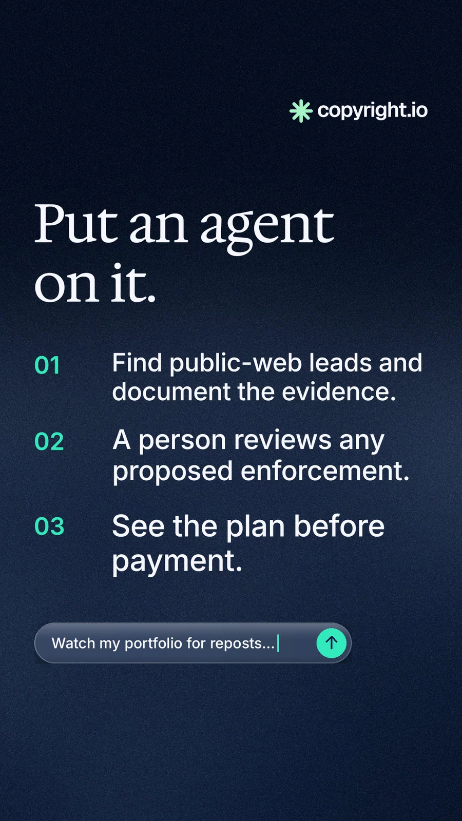 Instagram story for copyright.io: "Put an agent on it." Agentic glass style, numbered layout, dark palette in blue, black, grey.