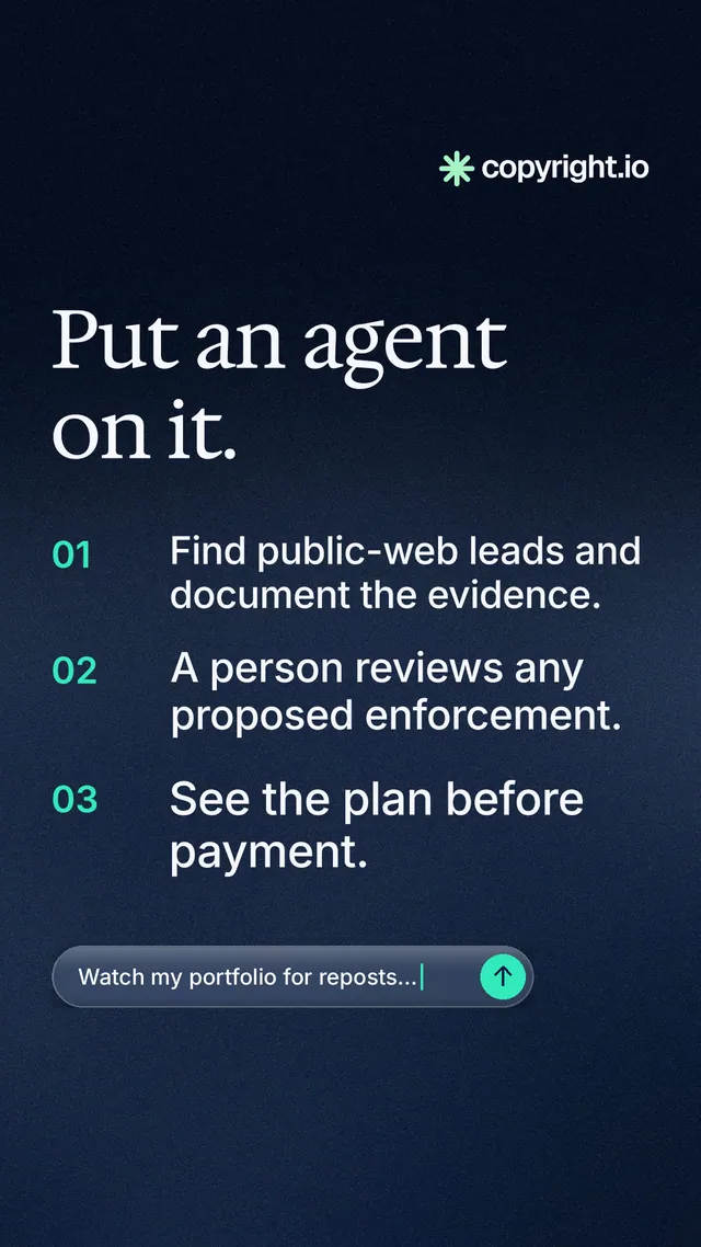 Instagram story for copyright.io: "Put an agent on it." Agentic glass style, numbered layout, dark palette in blue, black, grey.