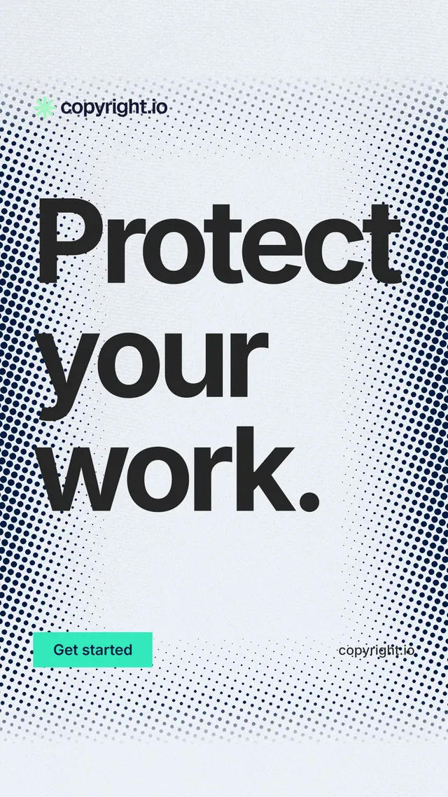 Instagram story for copyright.io: "Protect your work." Swiss style, poster layout, light palette in white, blue, grey.