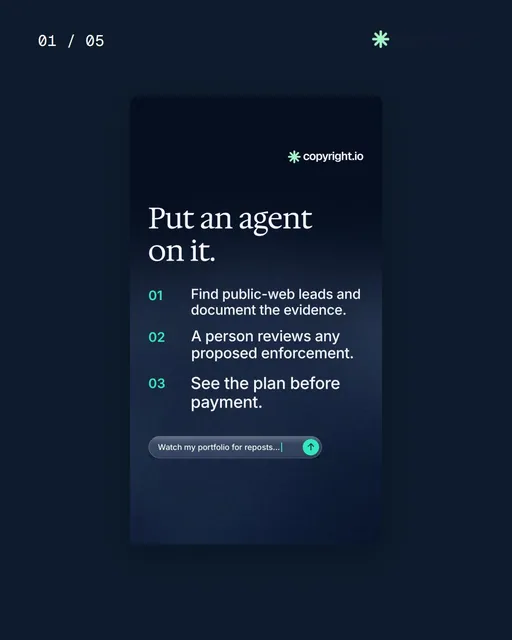 Video for copyright.io. Ad flipbook, 7.5 s, dark palette.