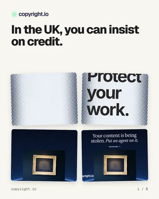 Carousel for copyright.io: "In the UK, you can insist on credit.". Collection carousel, 8 slides, light palette.