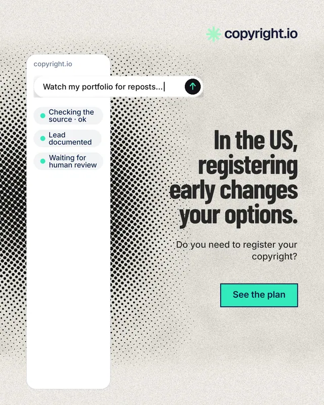 Instagram portrait post for copyright.io: "In the US, registering early changes your options." Ink sticker style, right layout, light palette in white, grey.