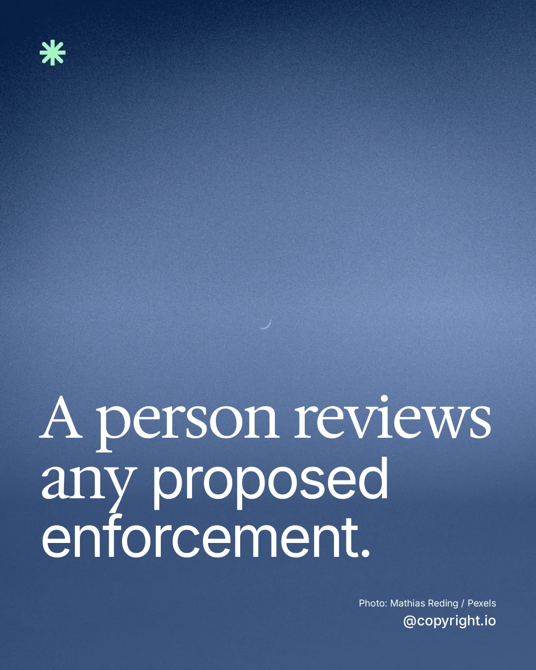 Instagram portrait post for copyright.io: "A person reviews any proposed enforcement." Duotone style, technique:pexels ingredient layout, dark palette in blue.