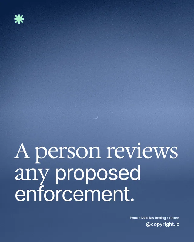 Instagram portrait post for copyright.io: "A person reviews any proposed enforcement." Duotone style, technique:pexels ingredient layout, dark palette in blue.