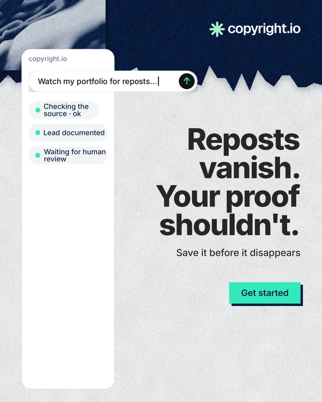 Instagram portrait post for copyright.io: "Reposts vanish. Your proof shouldn't." Paper trio style, right layout, light palette in white, blue.