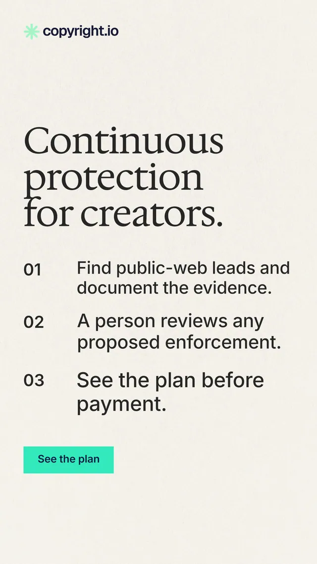 Instagram story for copyright.io: "Continuous protection for creators." Swiss style, numbered layout, light palette in white, grey.